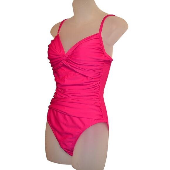 Hilor Women's 8 Ruched Twist Front One Piece Swimsuit Tummy Control Hot Pink NWT - Picture 4 of 12